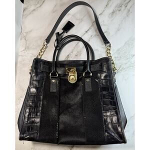 Michael Kors Leather, Python & Croc Embossed Hamilton Satchel Handbag Large